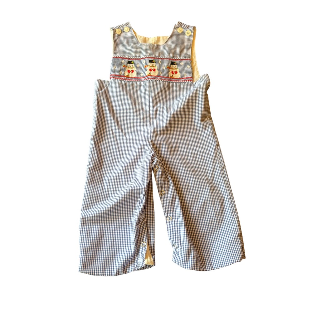 Remember Nguyen Longall Blue Gingham Snowman Smocked Winter Christmas 12M Cotton